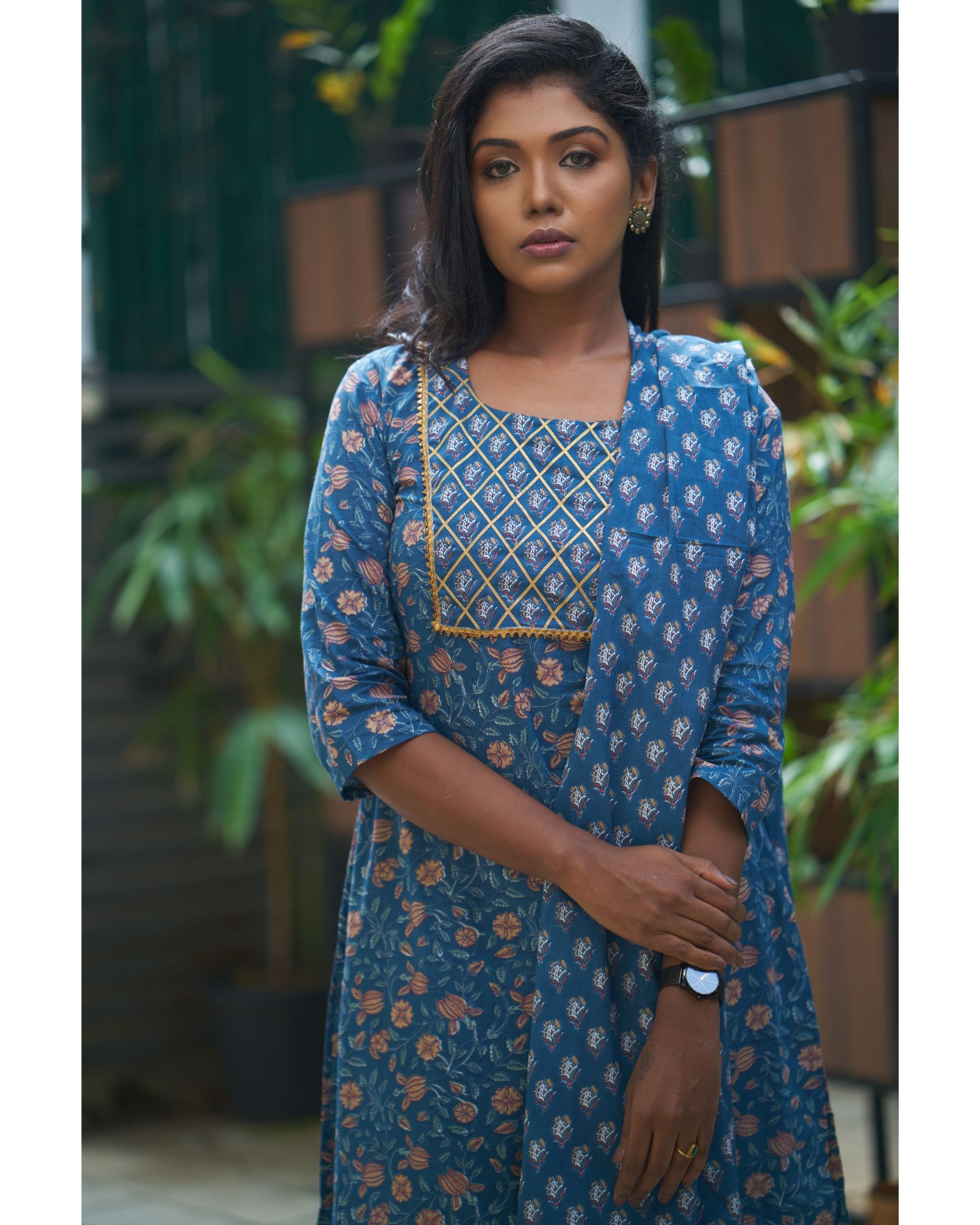 Blue yoke suit set with dupatta set of three by Magizham The Secret