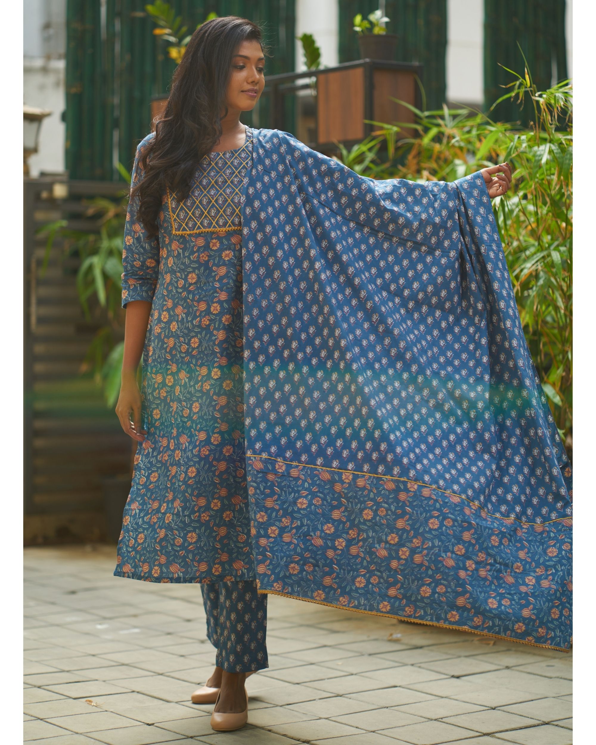 Blue yoke suit set with dupatta set of three by Magizham The Secret