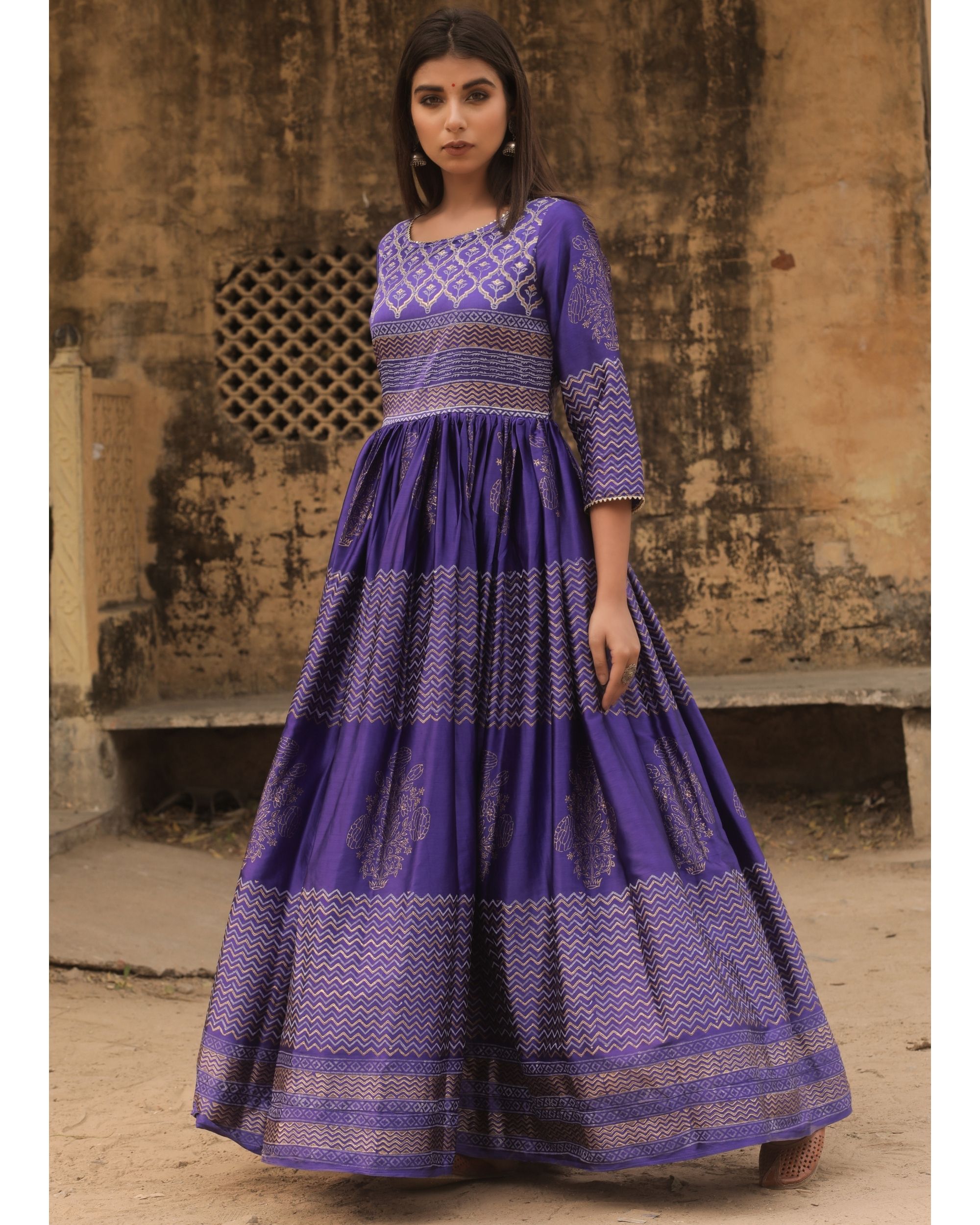 Purple madras silk gown by Chokhi Bandhani | The Secret Label