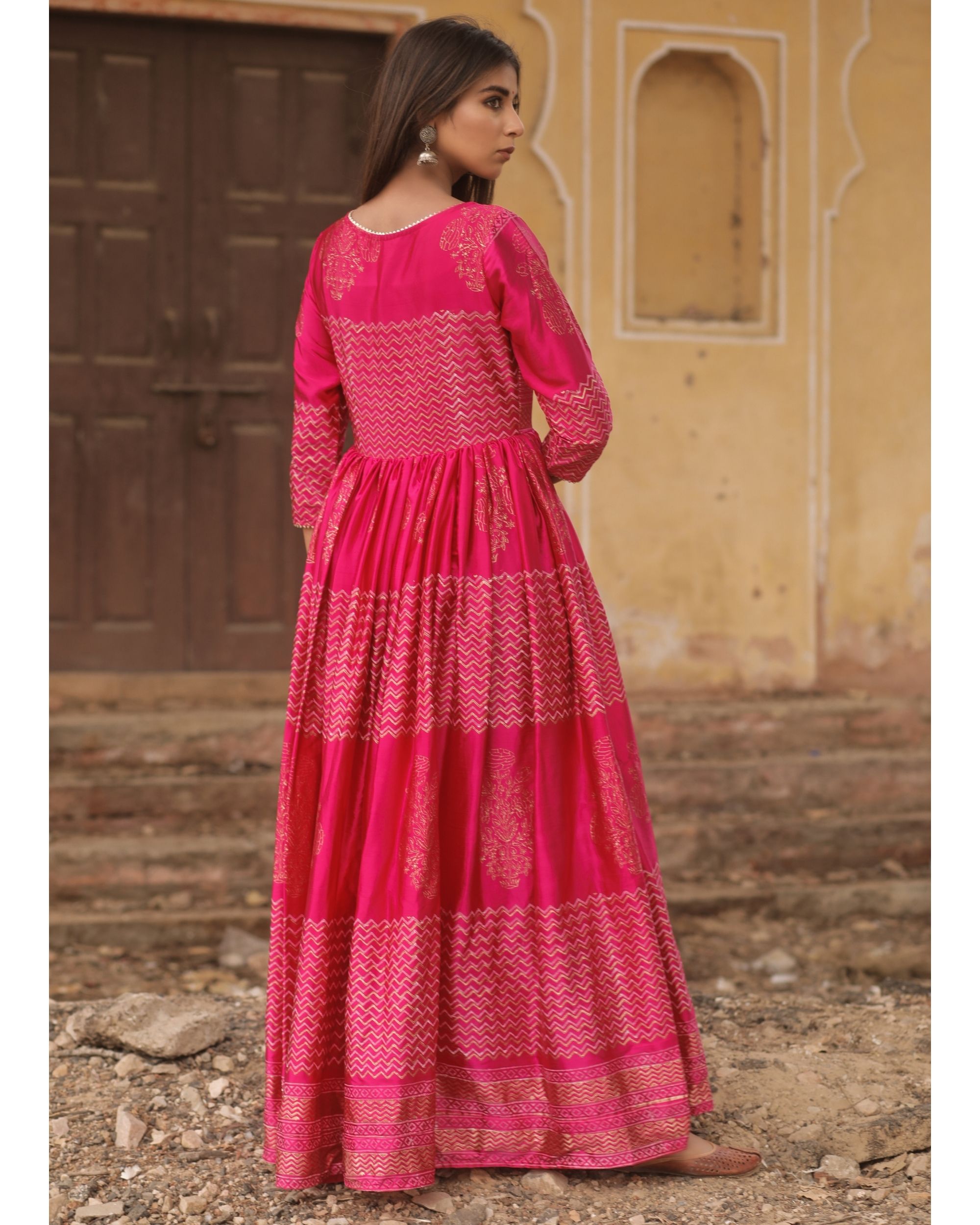 Pink madras silk gown by Chokhi Bandhani | The Secret Label