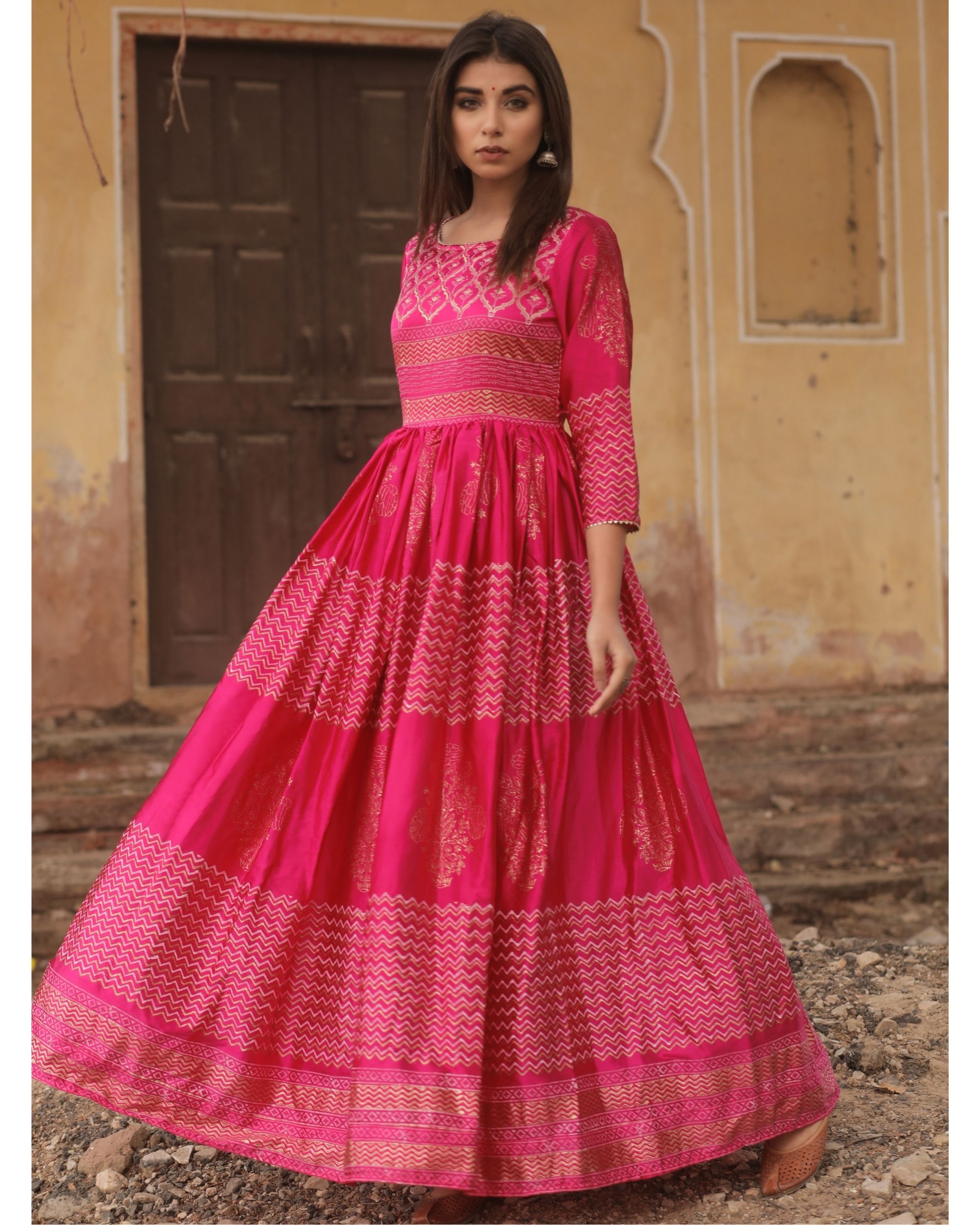 Pink madras silk gown by Chokhi Bandhani | The Secret Label
