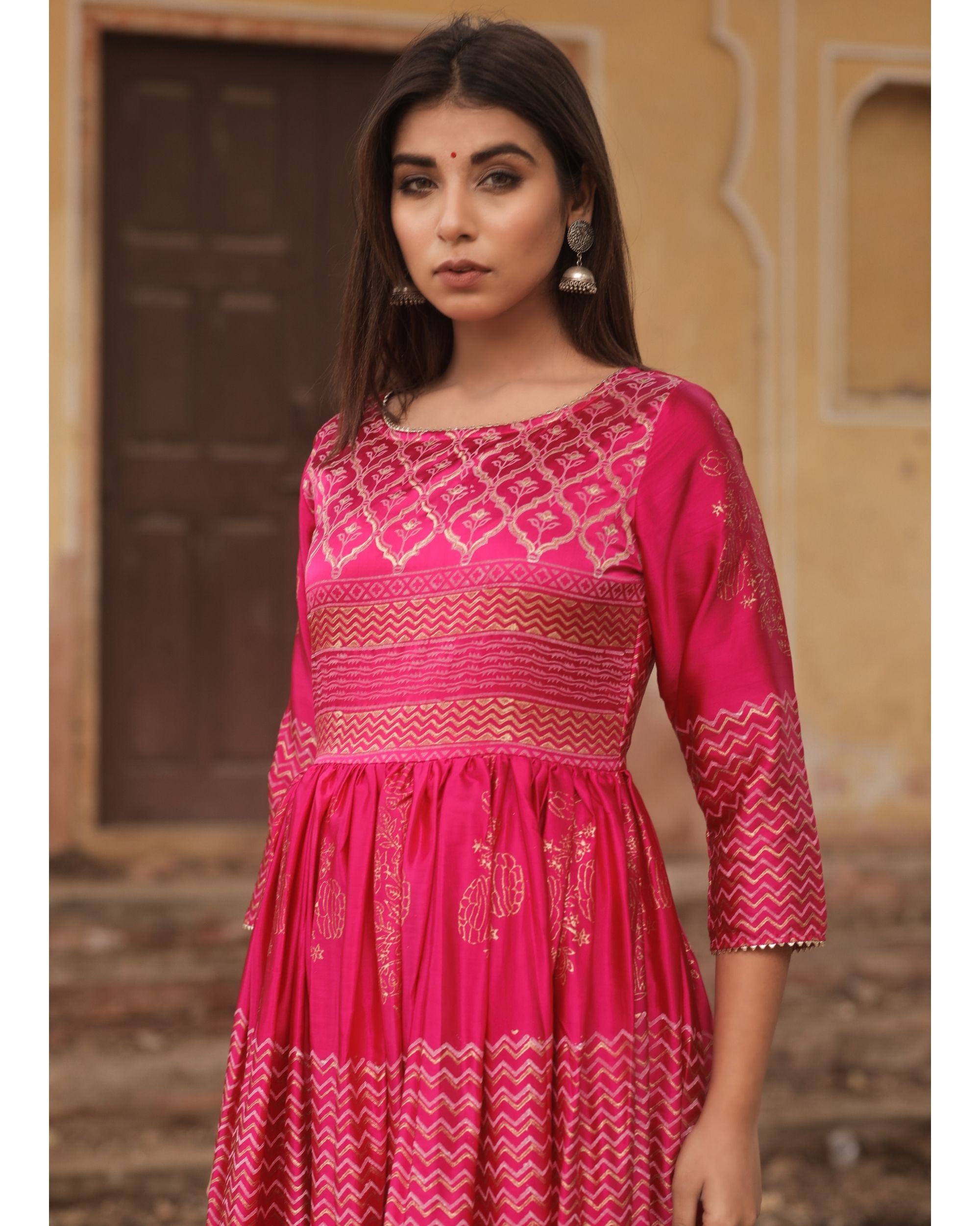 Pink madras silk gown by Chokhi Bandhani | The Secret Label