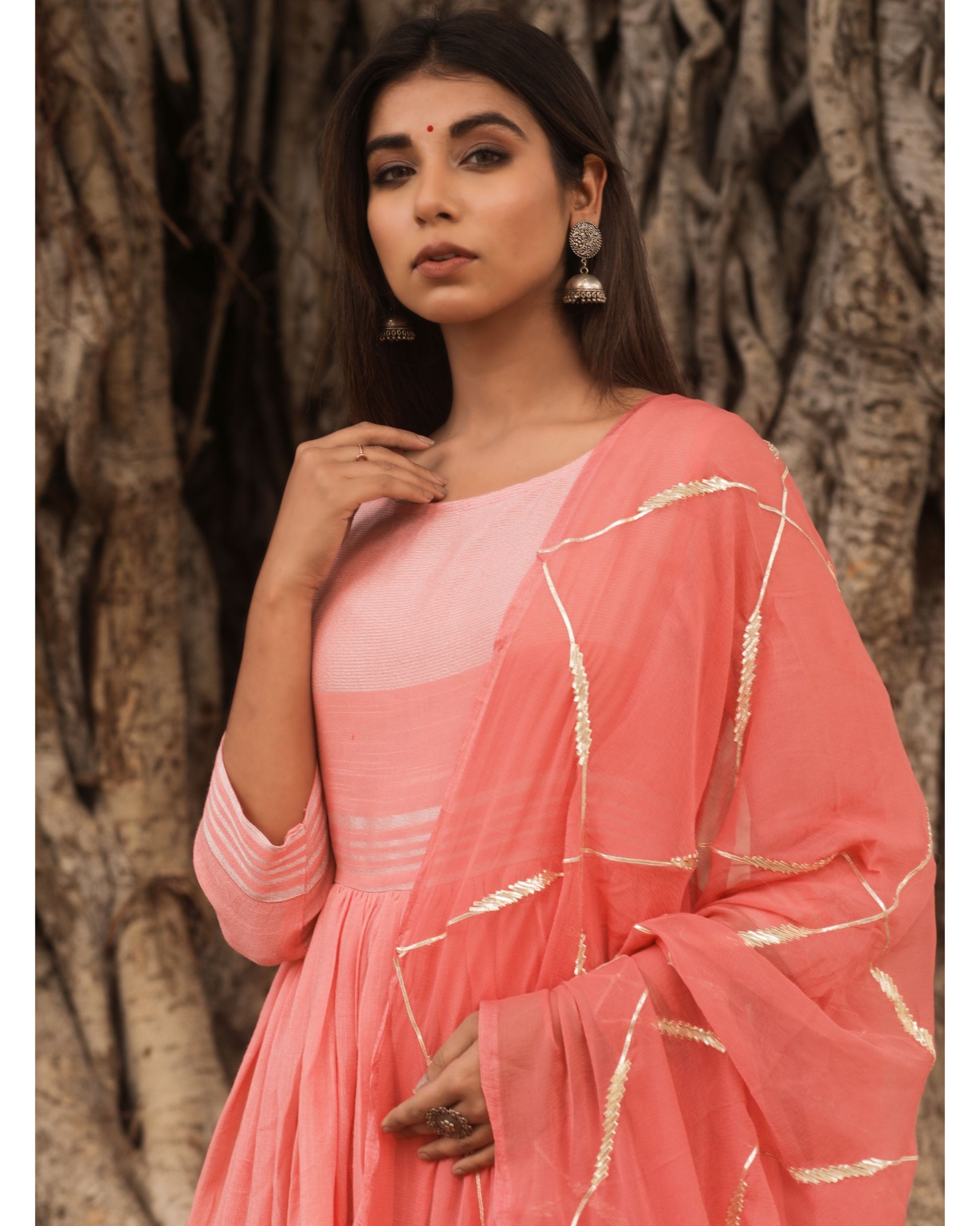 Peach linen dress with dupatta - set of two by Chokhi Bandhani