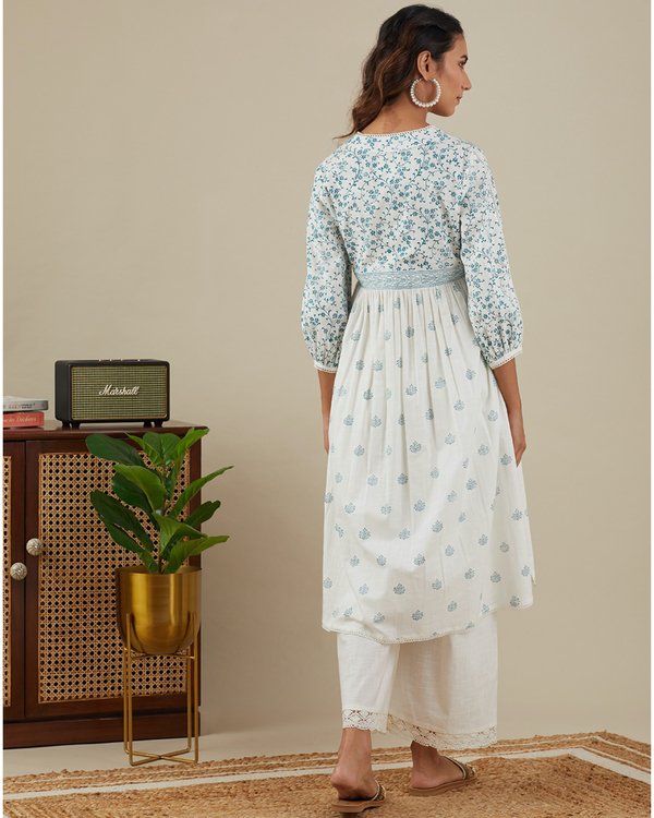 Teal blue v neck kurta with pants - set of two 1