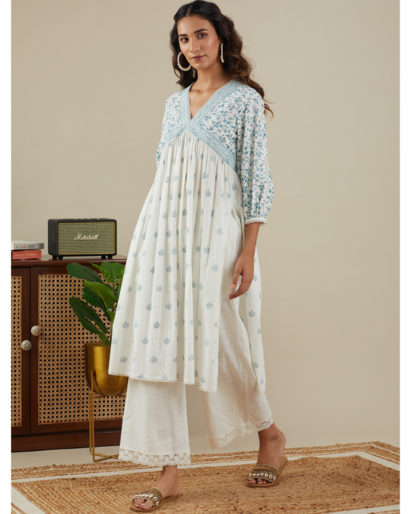 Teal blue v neck kurta with pants - set of two 2