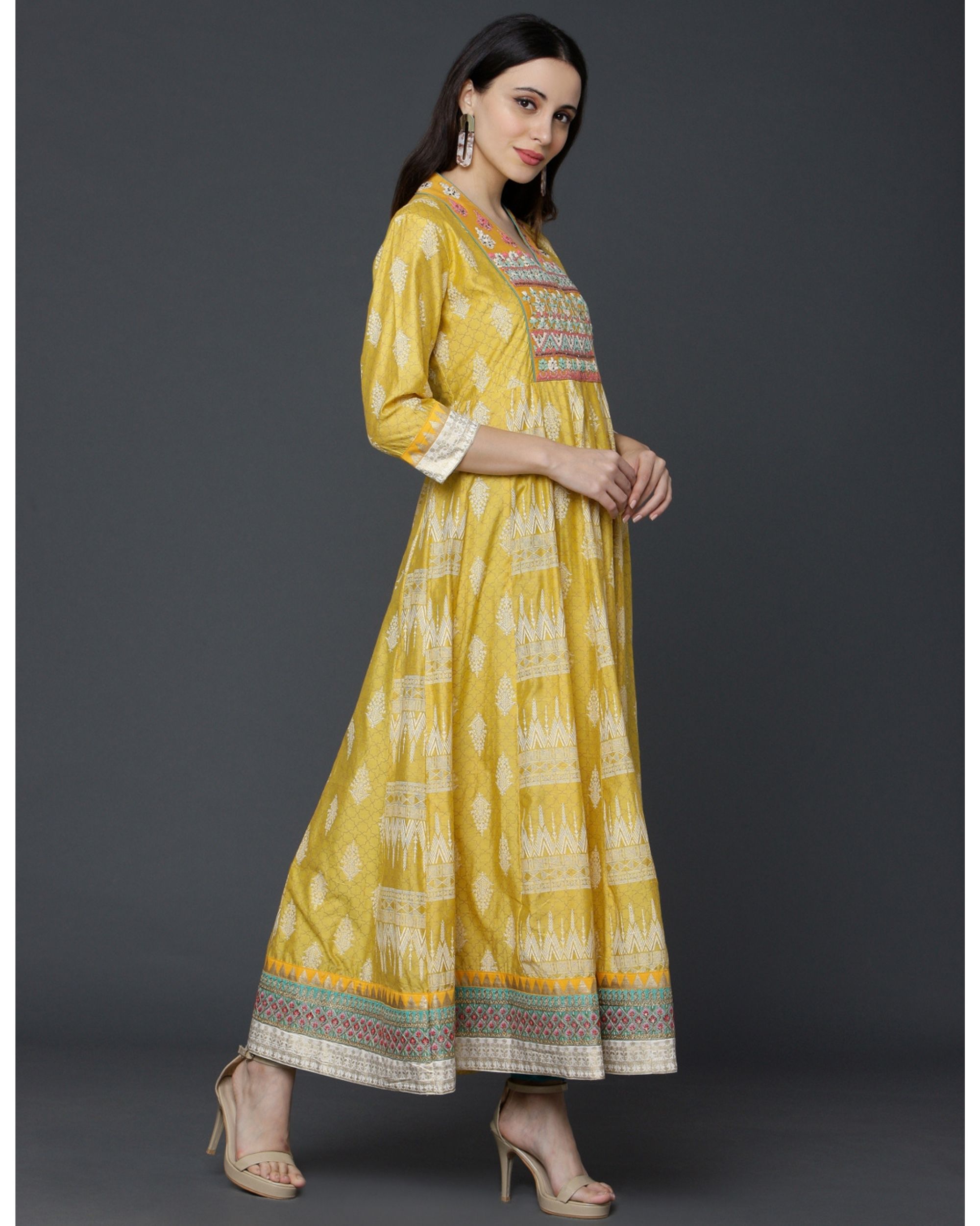 Yellow yoke embroidered anarkali by Ojas Designs | The Secret Label