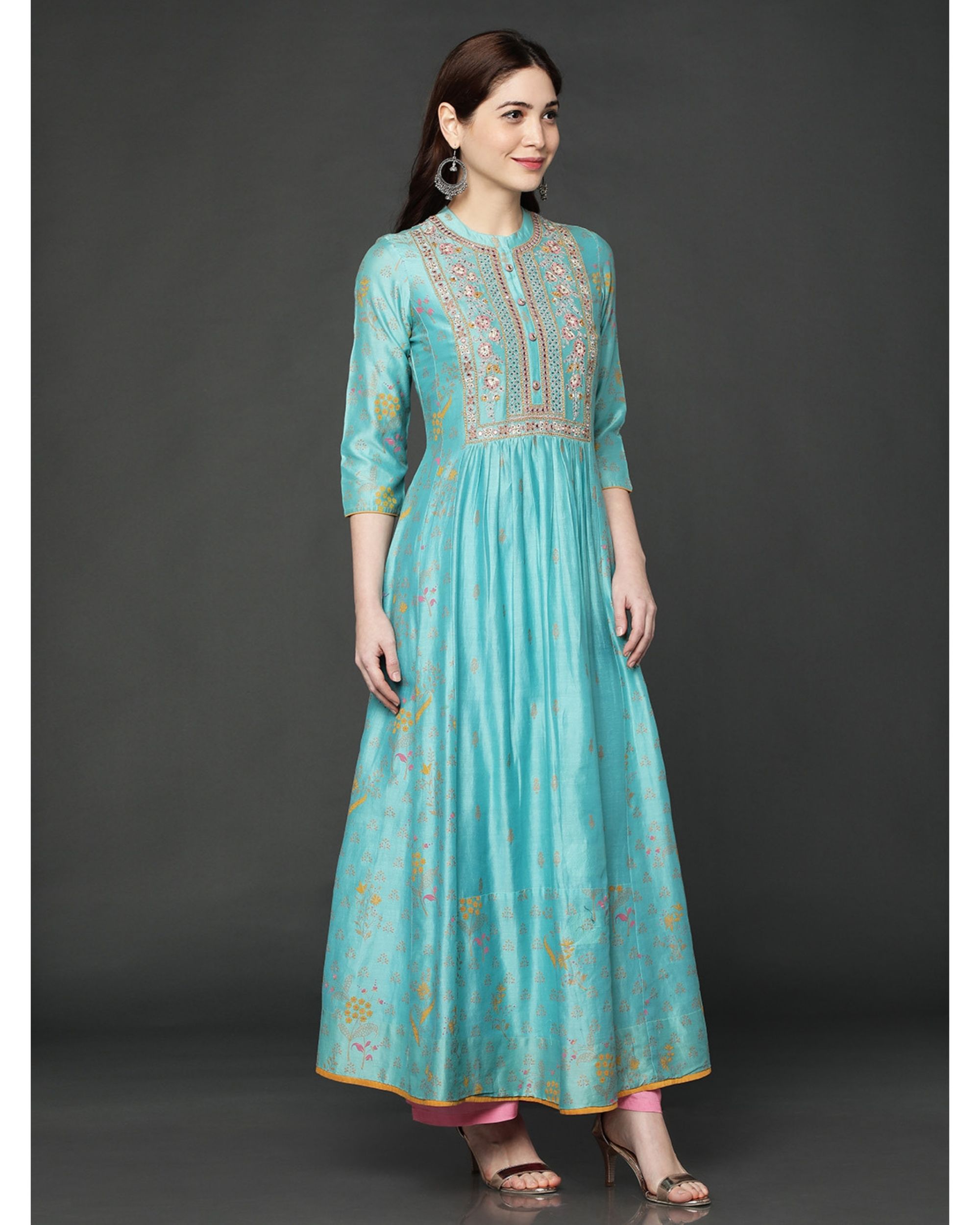Turquoise embroidered dress by Ojas Designs | The Secret Label
