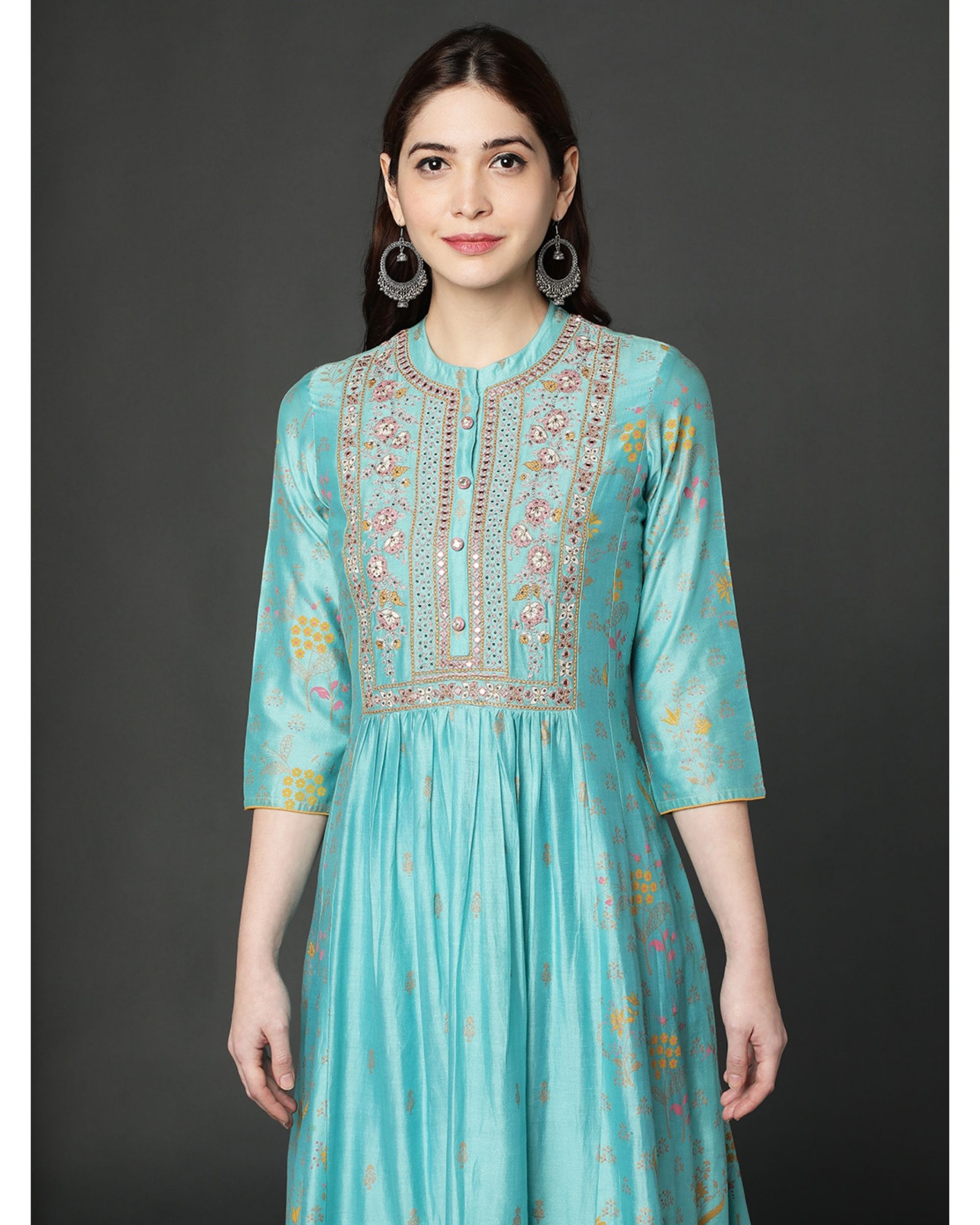 Turquoise embroidered dress by Ojas Designs | The Secret Label