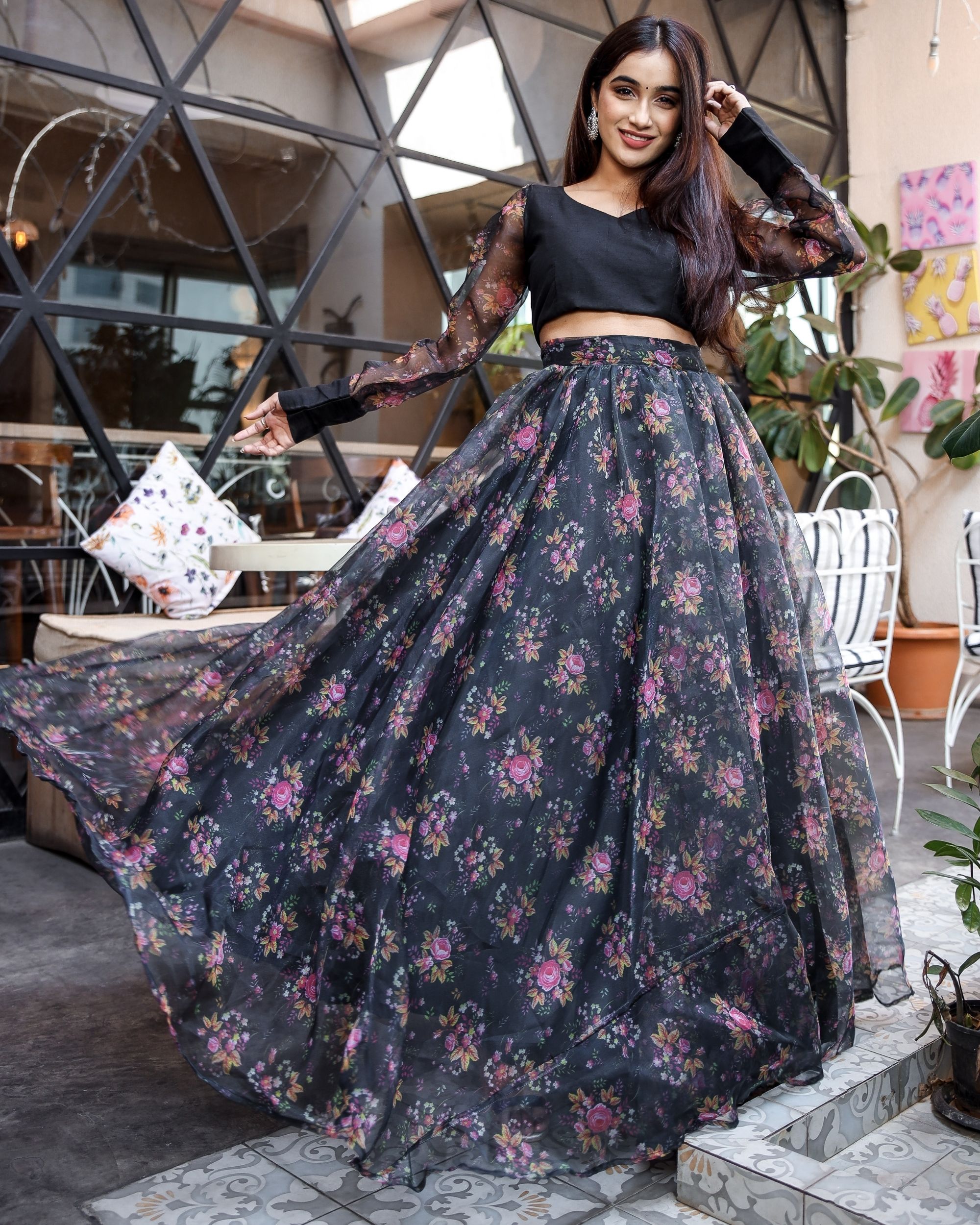 Taffeta Shirt Gown With Jacquard Floral Skirt – Terijon.com
