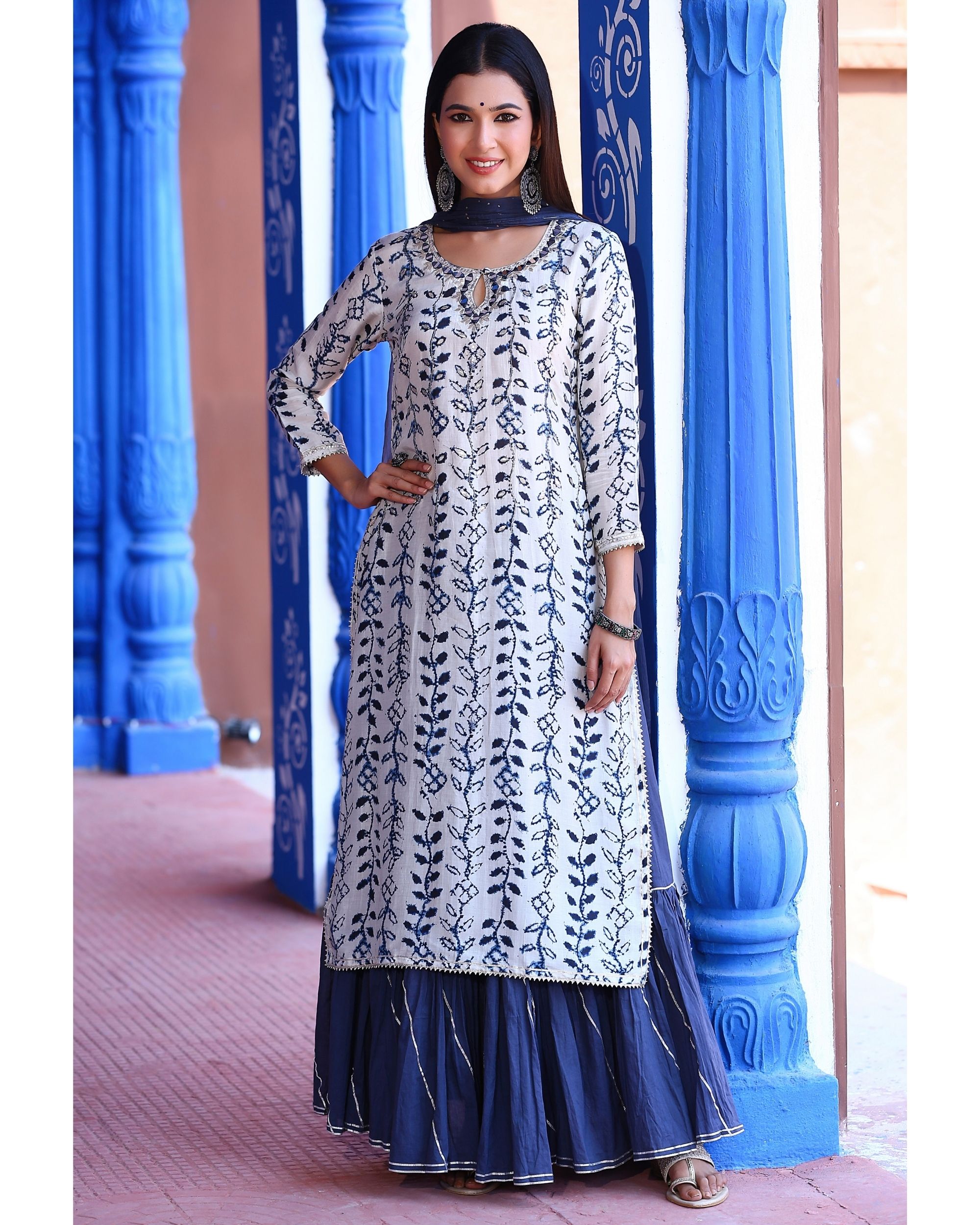 Indigo kurta sharara set set of three by Label Flo The Secret Label