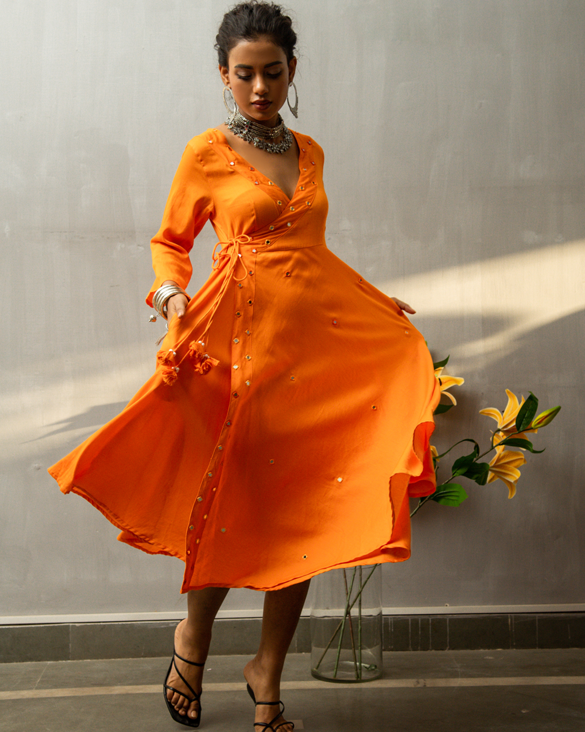 Orange silk cheap wrap dress