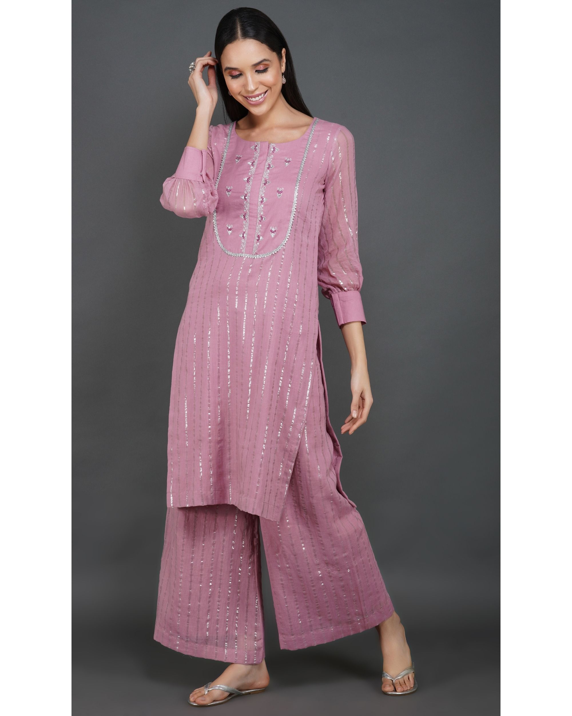 Onion pink hand embroidered kurta and palazzo - set of two by Svaroop  Apparel