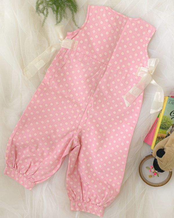 Pink polka printed lace detailed jumpsuit 1