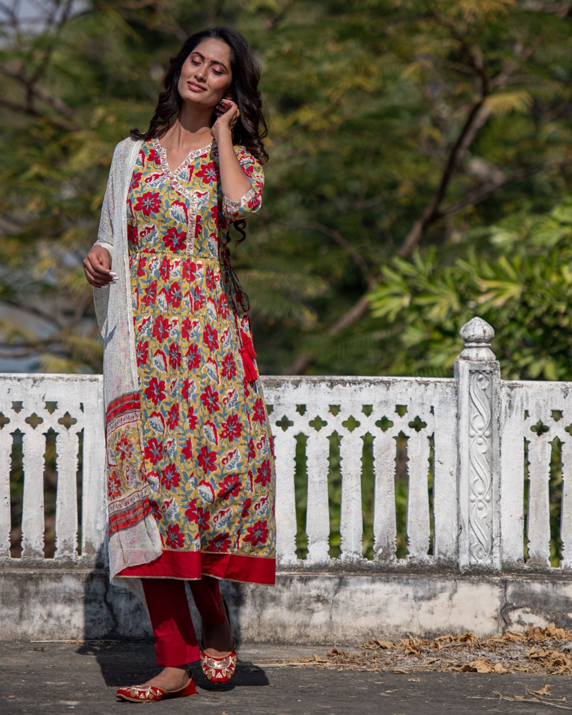 red and mustard outfit