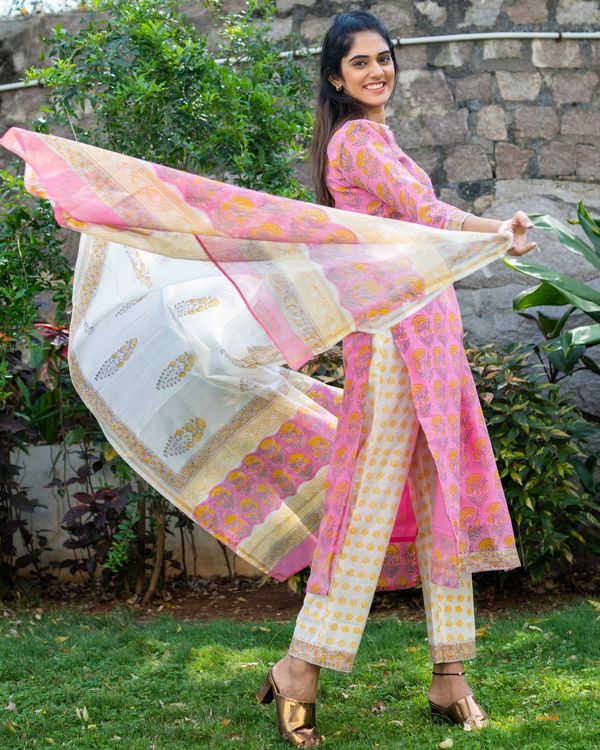 Pink chanderi block printed suit set - set of three 3
