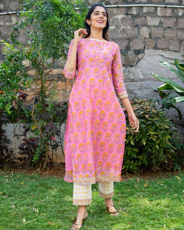 Pink chanderi block printed suit set - set of three 2