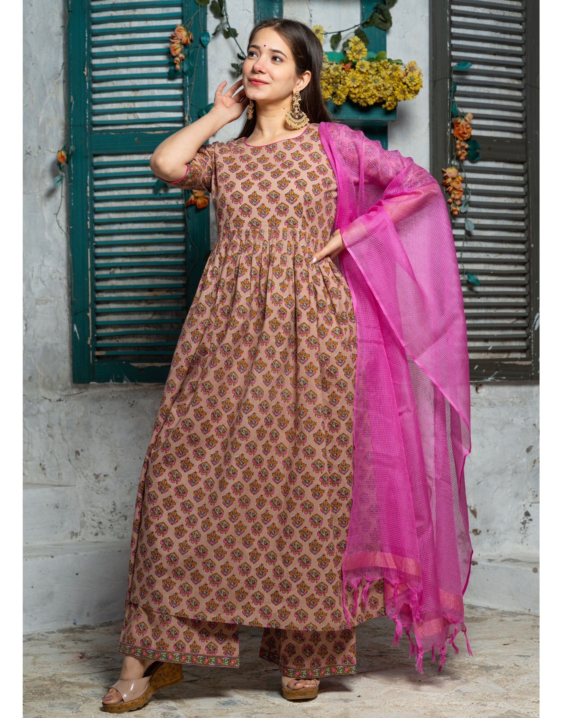 Brown flower printed suit set set of three by Pheeta The Secret Label