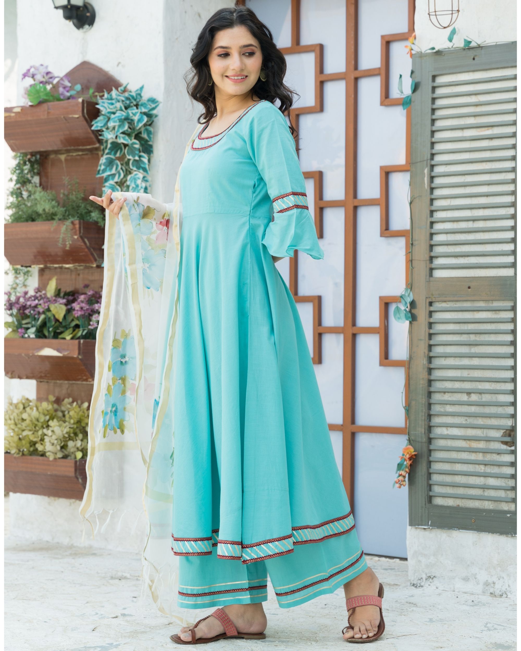 Sky blue kurta suit set - set of three by Pheeta | The Secret Label