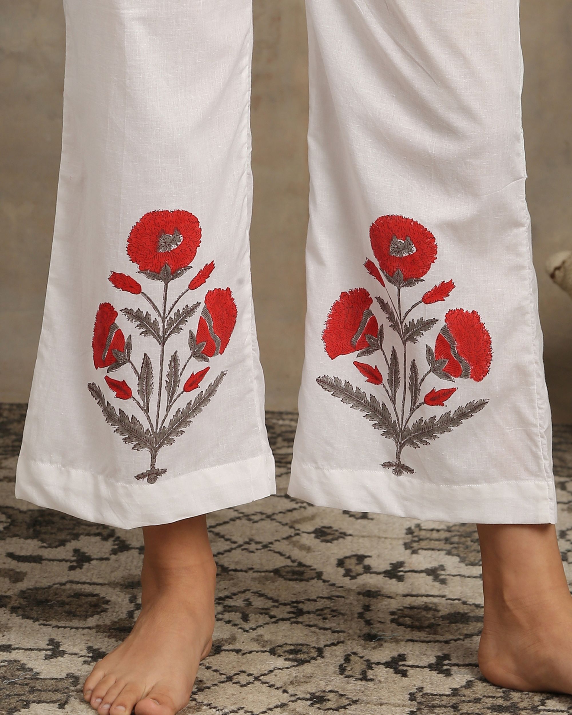 White kali kurta and pants with mughal boota printed dupatta set of