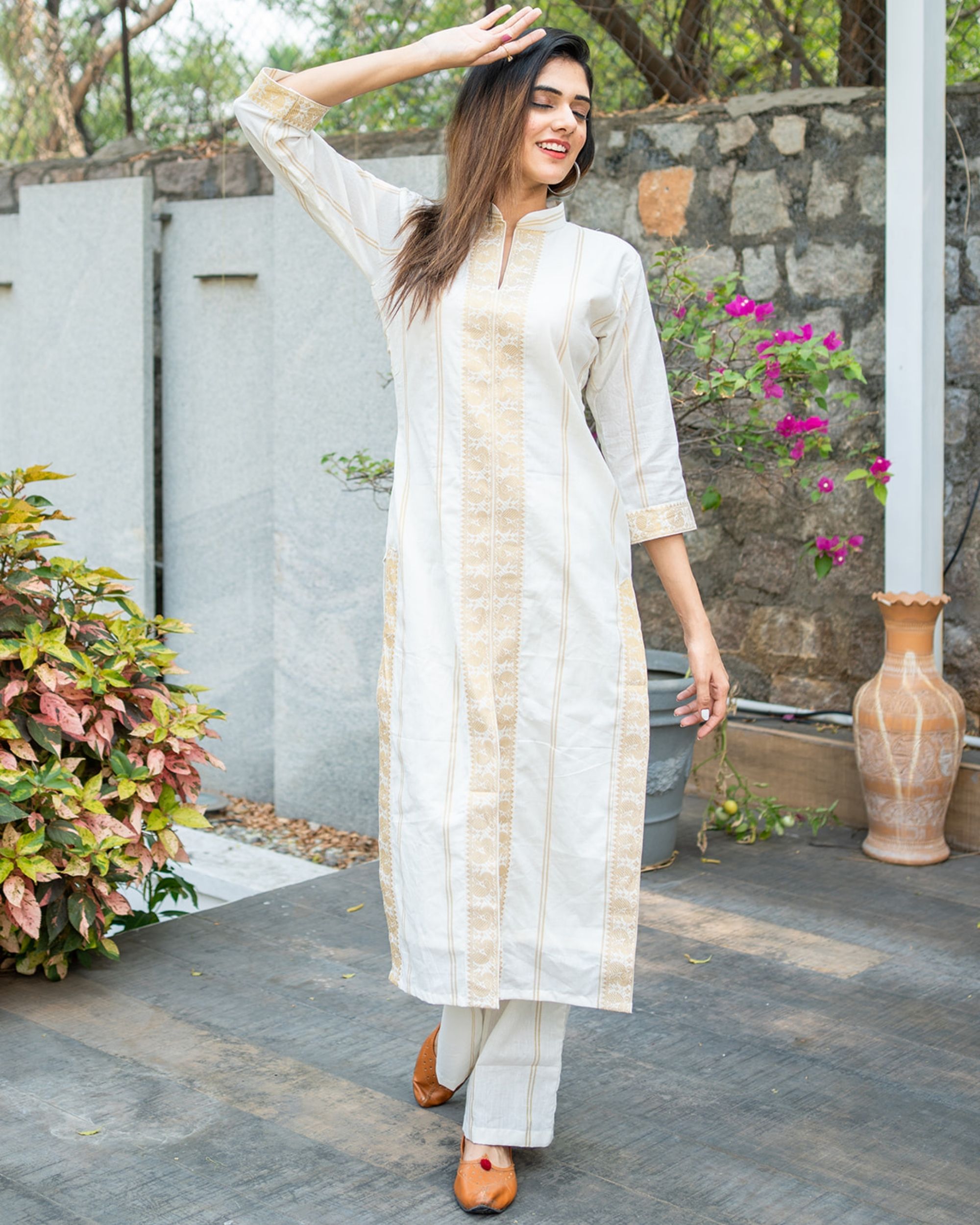 White long yoke striped kurta set set of two by Desi Doree The