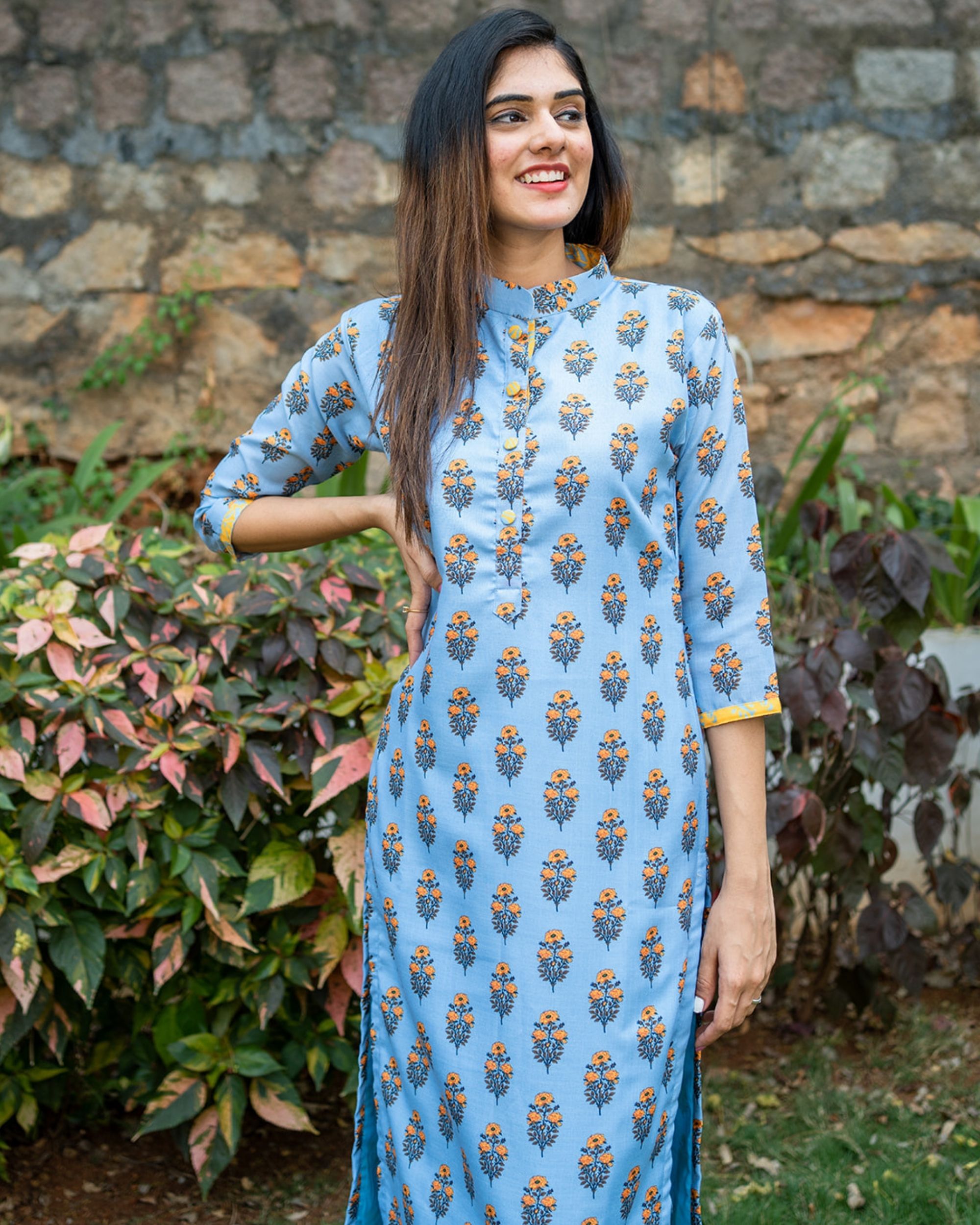 Blue floral printed kurta set - set of two by Desi Doree | The Secret Label