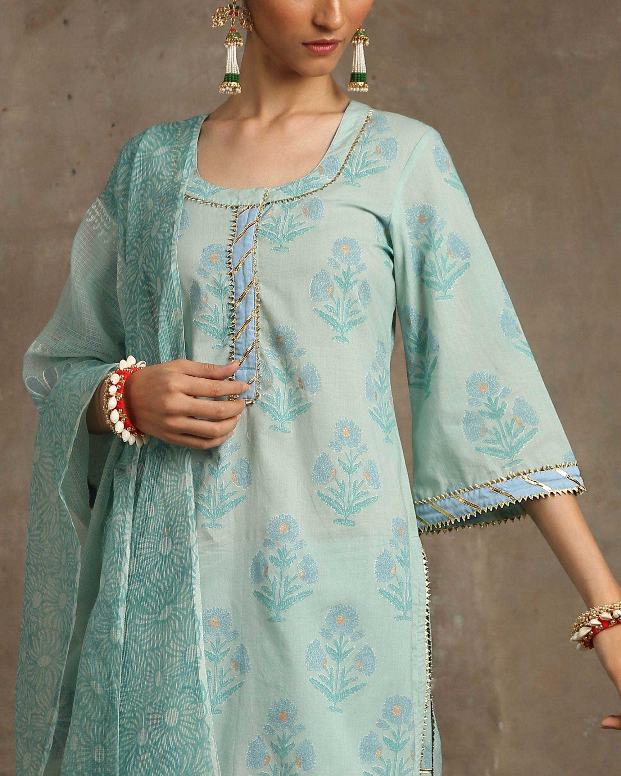Sea green floral printed kurta and sharara with dupatta set of three by Maison Shefali The