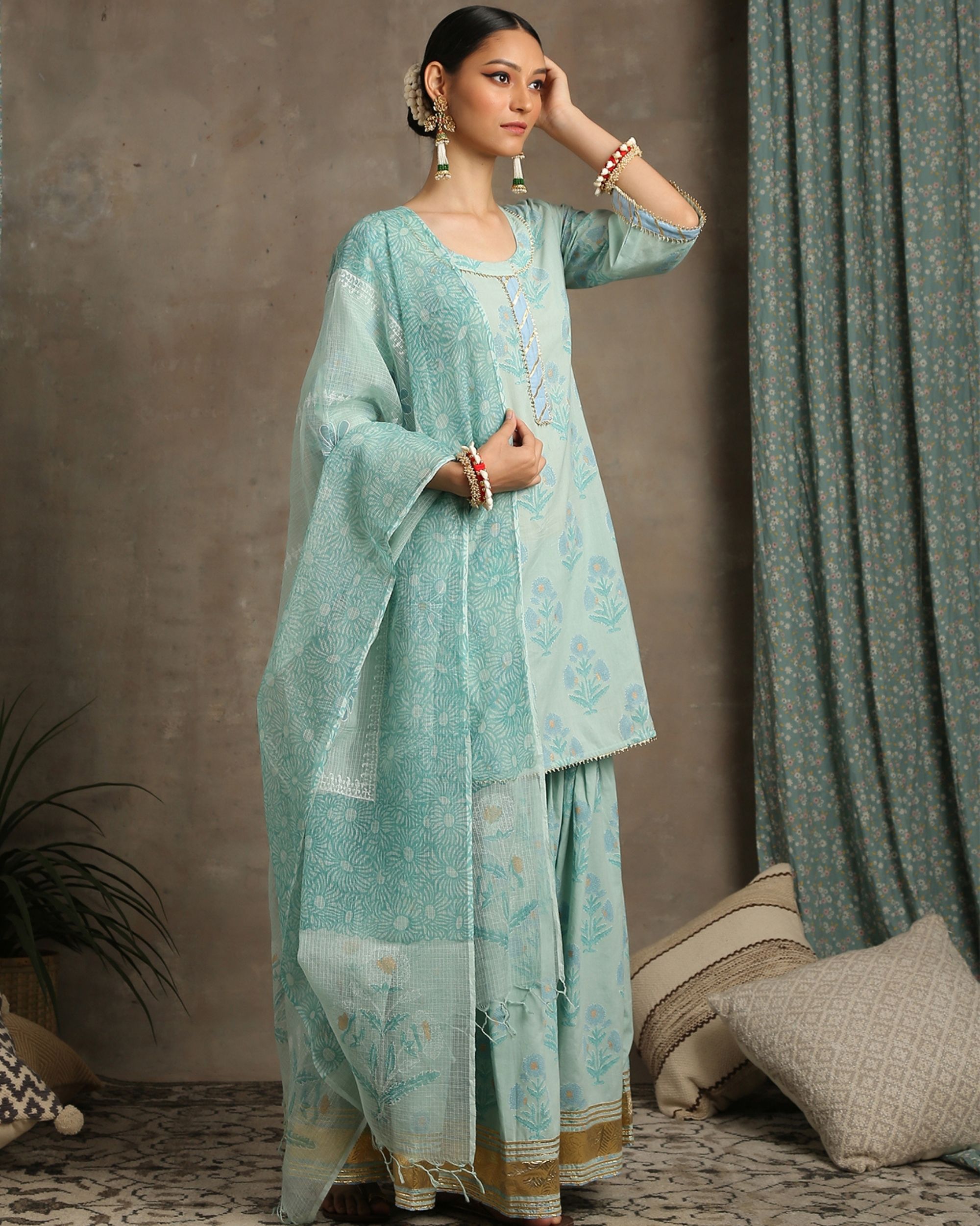 Sea green floral printed kurta and sharara with dupatta set of three by Maison Shefali The