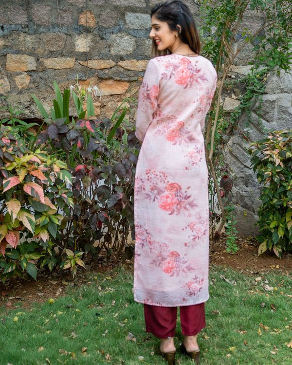 Blush pink self embroidered kurta with maroon pants - set of two 4