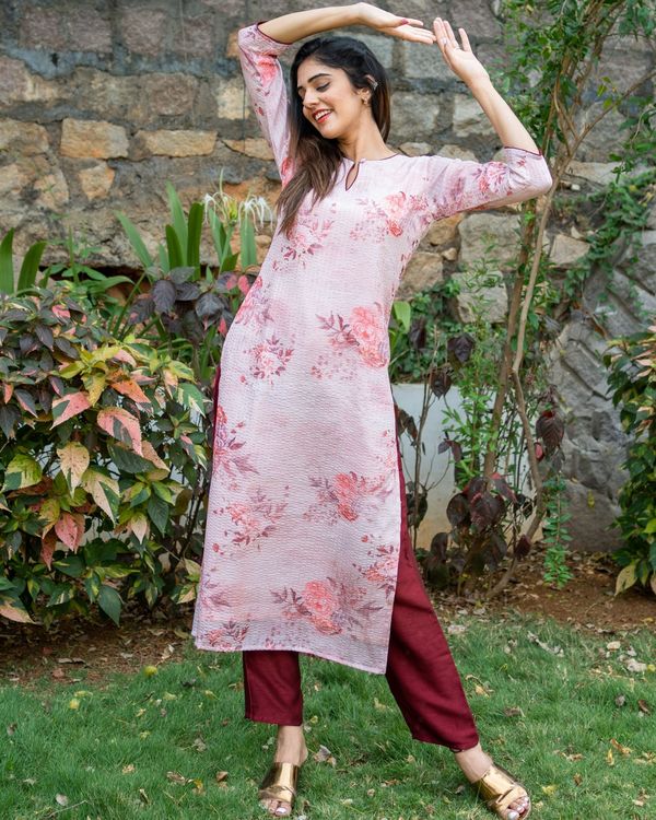 Blush pink self embroidered kurta with maroon pants - set of two 1