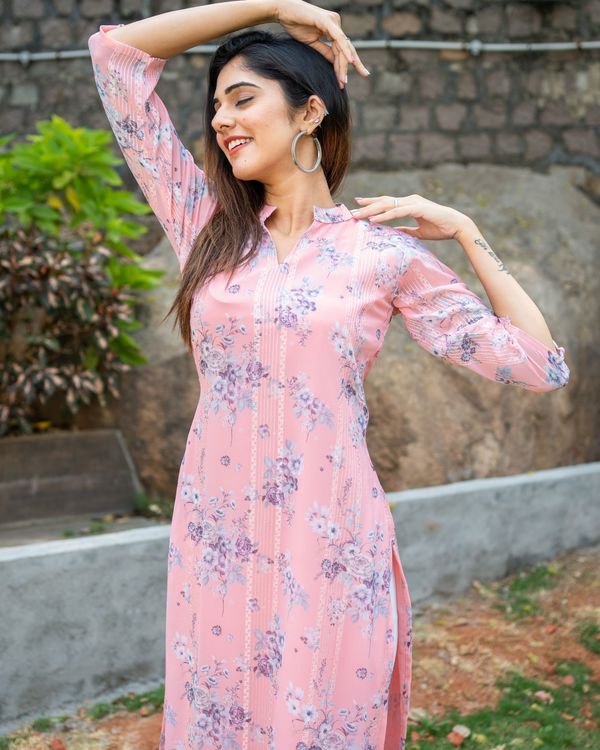 Pink floral printed self embroidered kurta with dupatta - set of two 3