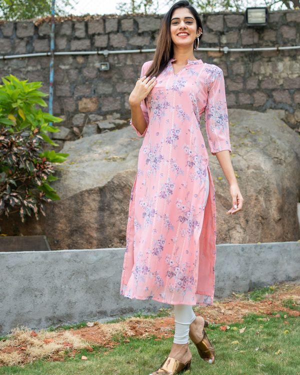 Pink floral printed self embroidered kurta with dupatta - set of two 2