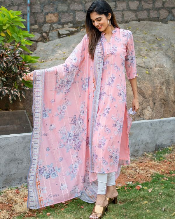 Pink floral printed self embroidered kurta with dupatta - set of two 1