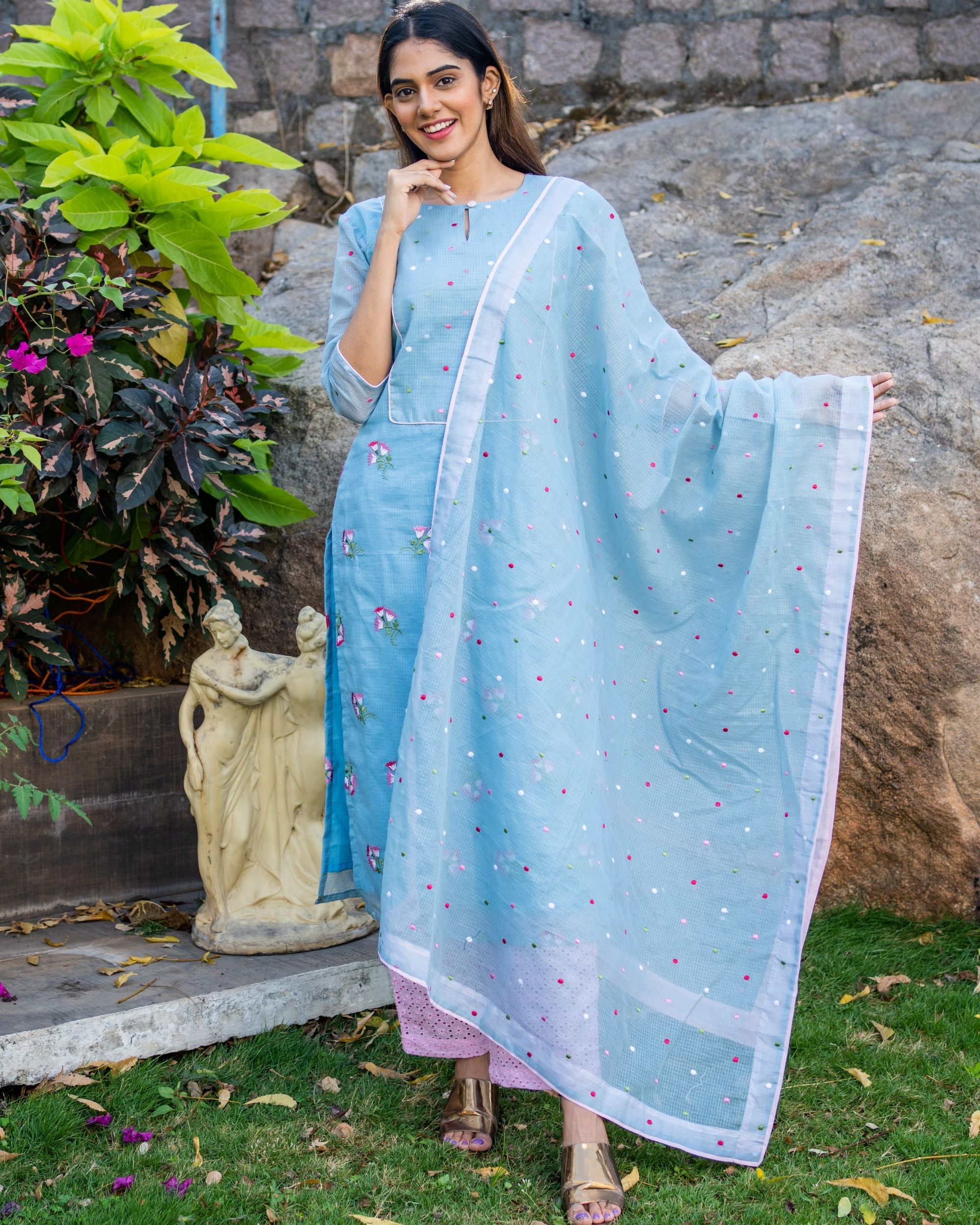 Powder blue embroidered kota kurta and dupatta set of two by Desi