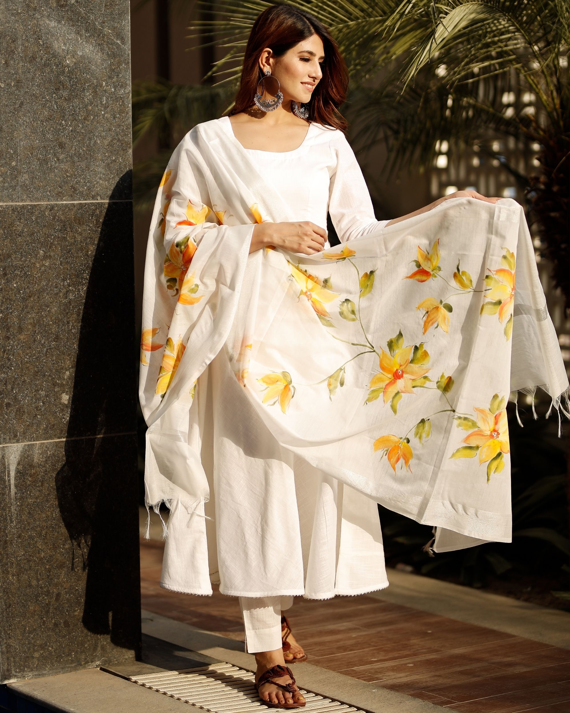White flared kurta and pants with hand painted chanderi dupatta - set ...