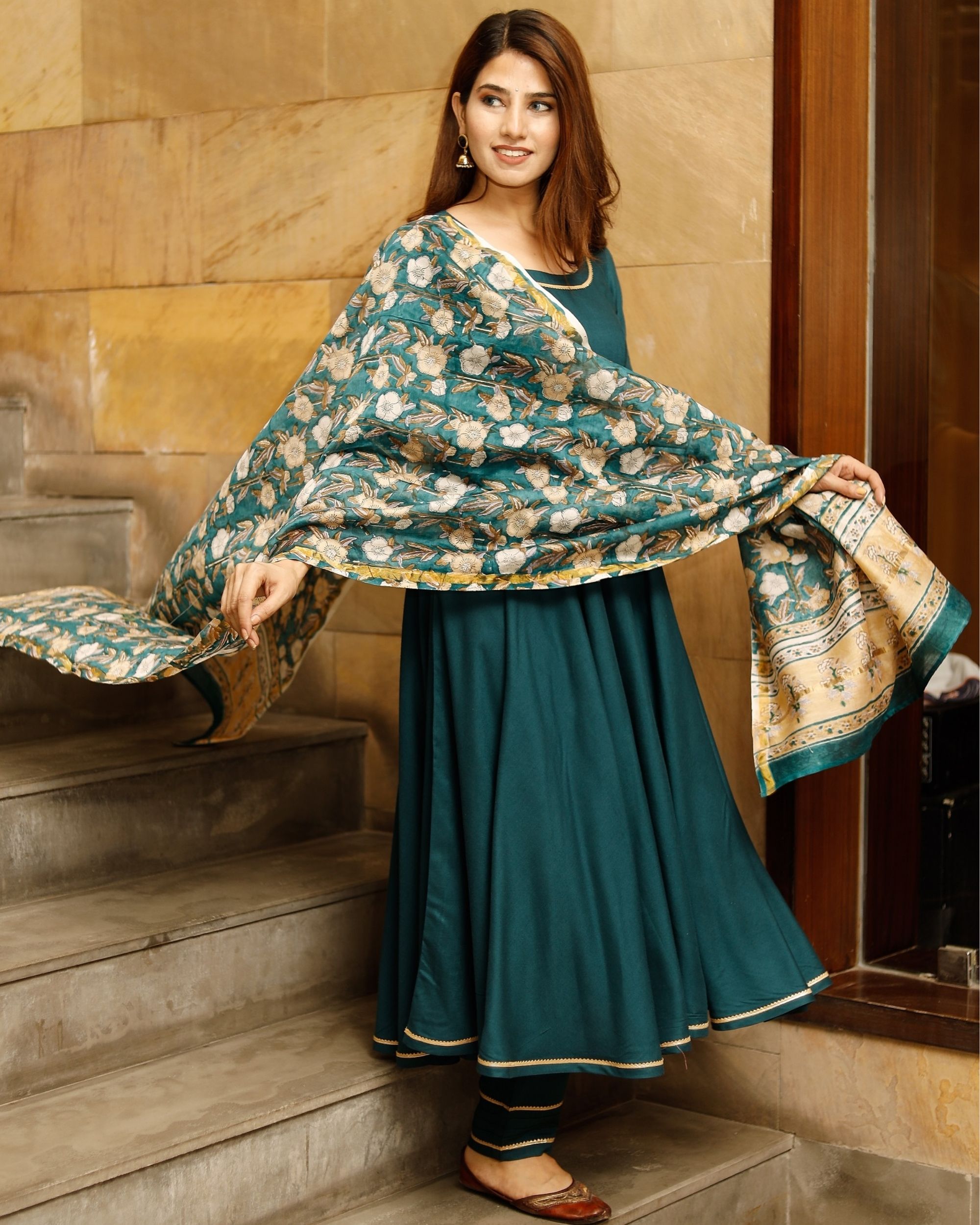 Pine green flared kurta and pants with floral printed chanderi dupatta ...