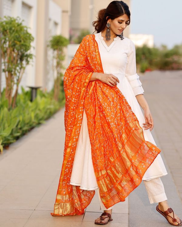 White Flared Kurta And Pants With Orange Bandhej Dupatta Set Of Three