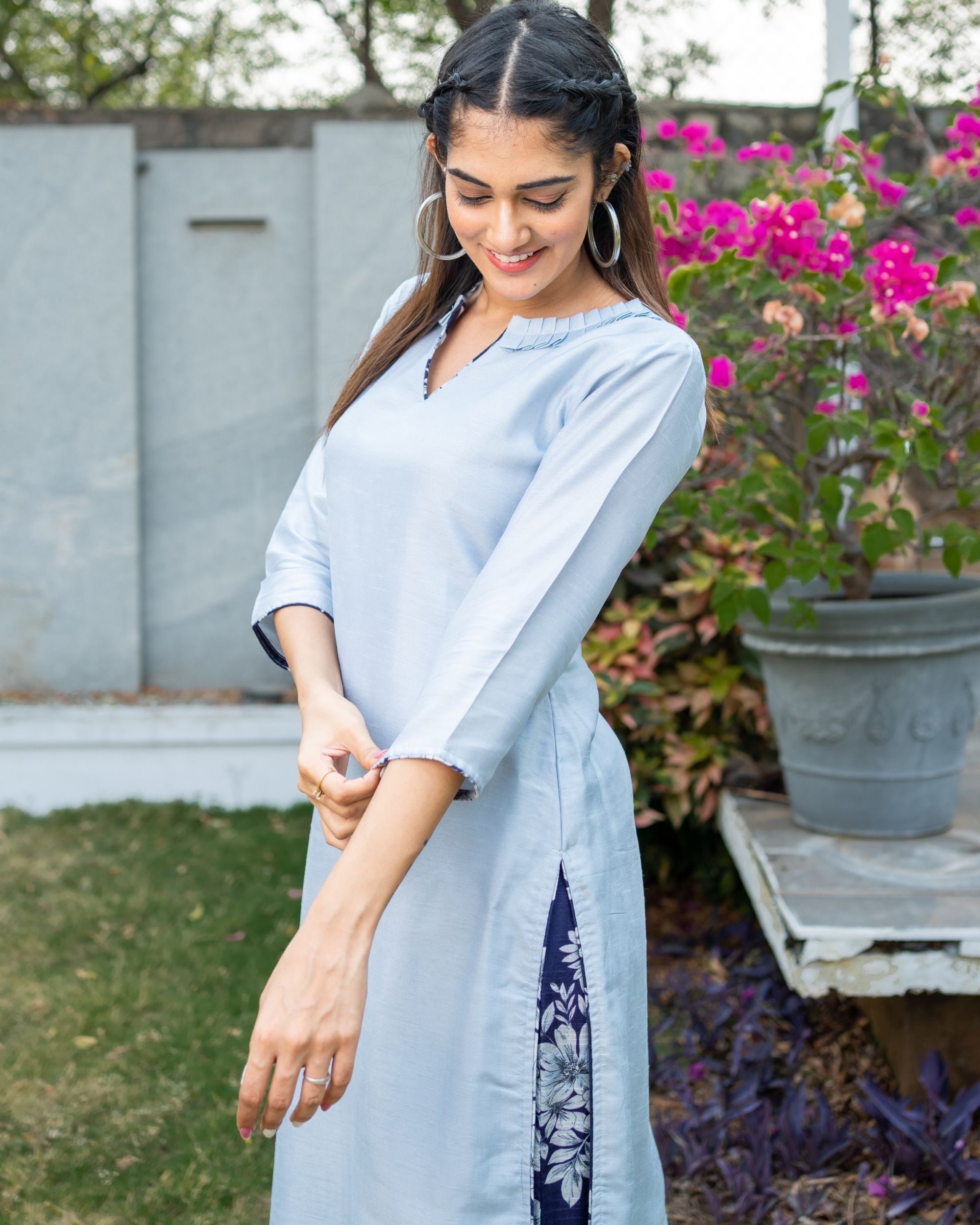 Steel grey kurta with blue floral printed pants and dupatta - set of ...