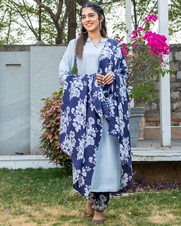 Steel grey kurta with blue floral printed pants and dupatta - set of three 1