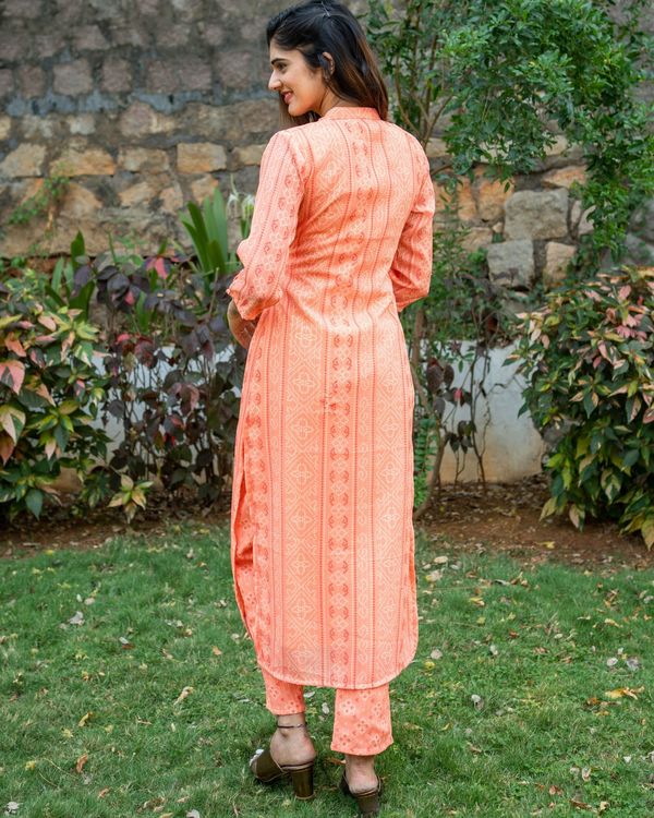 Orange bandhani self embroidered kurta with pants - set of two 3