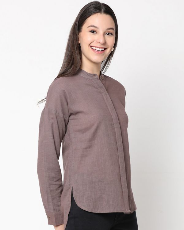 Greyish brown mandarin collar shirt 2