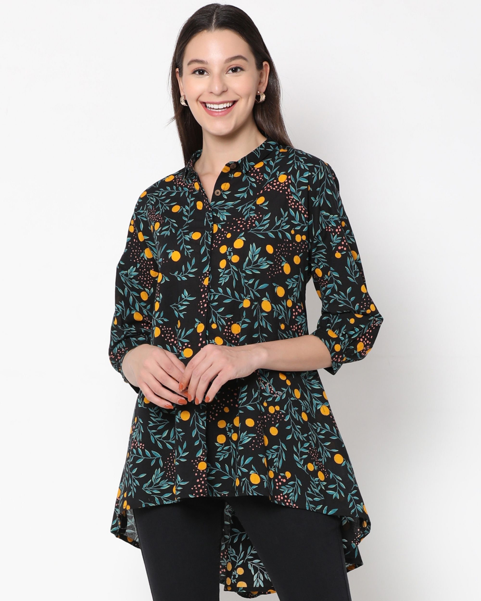 Black floral printed high low hemline top by UNTUNG | The Secret Label