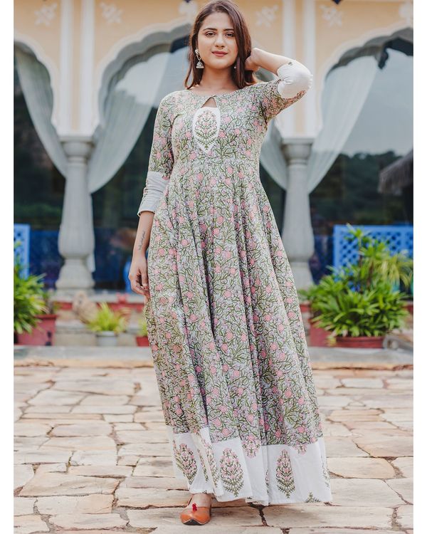 Green and pink floral printed mughal dress 2
