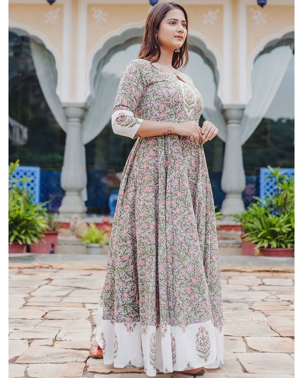 Green and pink floral printed mughal dress 1