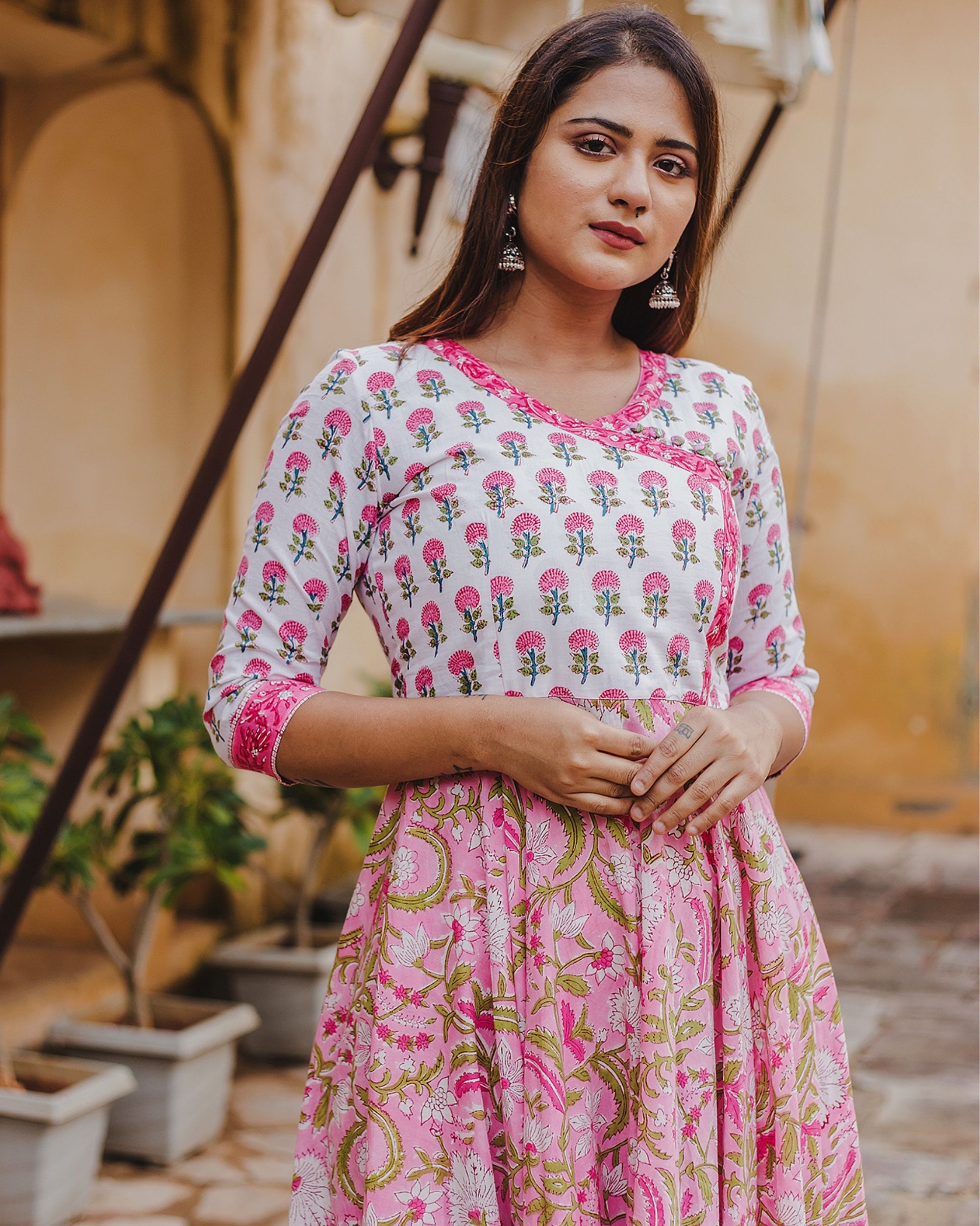 White and pink buti floral dress by Prints Valley | The Secret Label