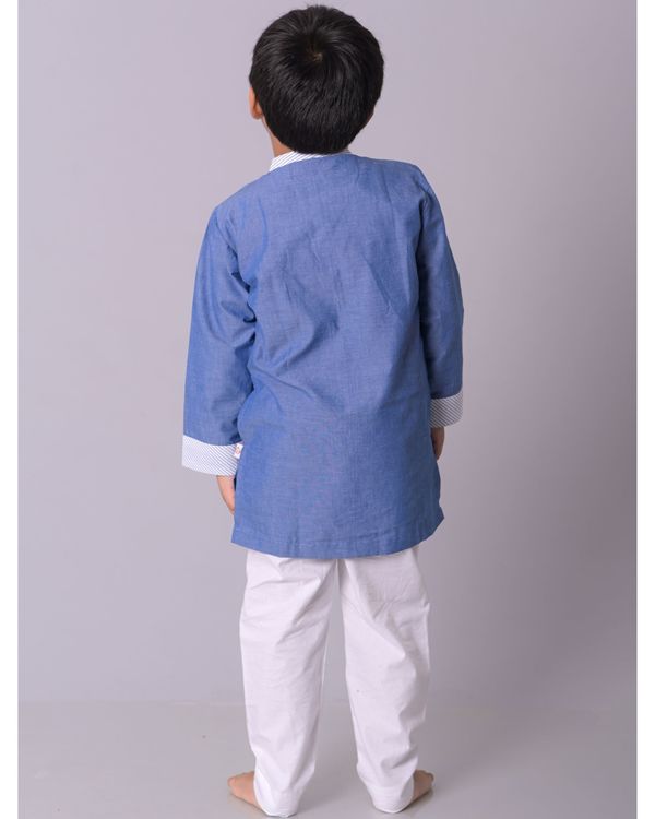Blue striped chambray cotton kurta and white pants - set of two 1