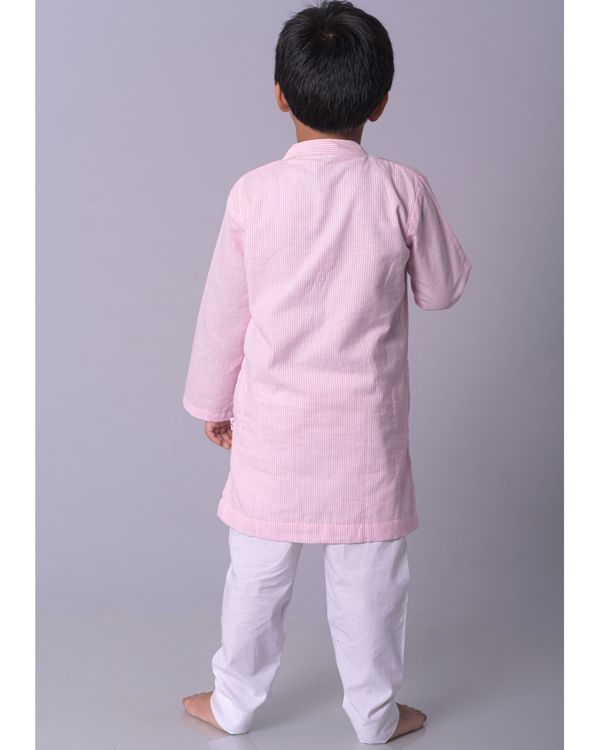 Pink striped kurta with white pants and blue hand block printed jacket - set of three 1