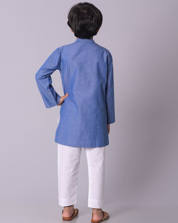 Blue chambray kurta with white pants and red hand block printed jacket - set of three 1