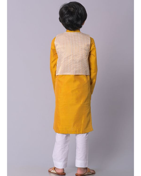 Mustard silk kurta with white pants and  zari maheshwari striped jacket - set of three 1