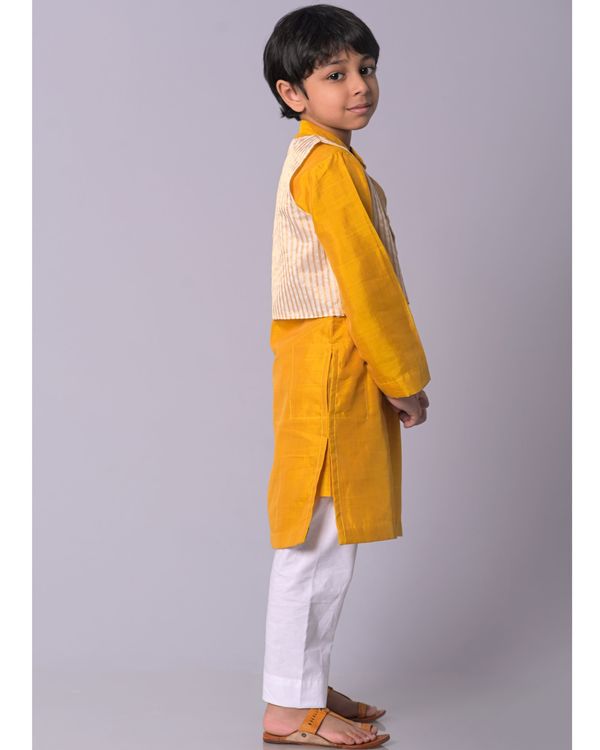 Mustard silk kurta with white pants and  zari maheshwari striped jacket - set of three 2