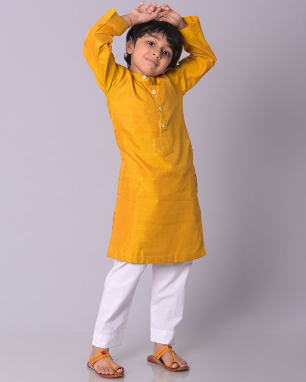 Mustard silk kurta with white pants and  zari maheshwari striped jacket - set of three 3